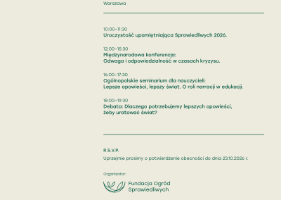 Sprawiedliwi 2026. 12. edycja upamiętnień Sprawiedliwych oraz wydarzenia towarzyszące poświęcone odwadze, odpowiedzialności i sprawczości, 3 listopada 2026